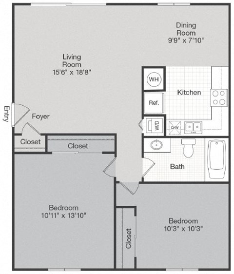 Floor plan for 2 beds, 1 bath, 900 sqft